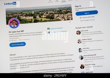 Die LinkedIn-Website von Liam Fox, Abgeordneter von North Somerset. Stockfoto