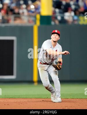 Kansas, USA. 11. Aug. 2023. 11. AUGUST 2023: St. Louis Cardinals Shortstop Tommy Edman (19) spielt im Kauffman Stadium Kansas City, Missouri. Jon Robichaud/CSM. Kredit: Cal Sport Media/Alamy Live News Stockfoto