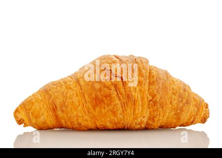 Ein frisch gebackenes, duftendes Croissant, Nahaufnahme, isoliert auf Weiß. Stockfoto