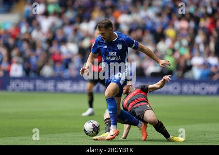 Cardiff, Großbritannien. 12. Aug. 2023. Aaron Ramsey aus Cardiff City in Aktion. EFL Skybet Meisterschaftsspiel, Cardiff City gegen Queens Park Rangers im Cardiff City Stadium in Cardiff, Wales, am Samstag, den 12. August 2023. Dieses Bild darf nur zu redaktionellen Zwecken verwendet werden. Nur redaktionelle Verwendung, Bild von Andrew Orchard/Andrew Orchard Sports Photography/Alamy Live News Credit: Andrew Orchard Sports Photography/Alamy Live News Stockfoto