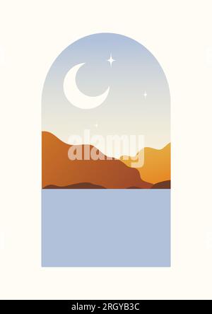 Blaue Landschaft mit See- und Bergemarke zum Ausdrucken. Stock Vektor