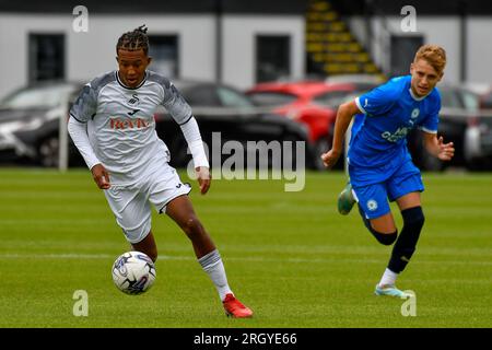 Swansea, Wales. 12. August 2023. Sammy Henia-Kamau aus Swansea City während des Spiels der Professional Development League unter 18 Jahren zwischen Swansea City und Peterborough United an der Swansea City Academy in Swansea, Wales, UK, am 12. August 2023. Kredit: Duncan Thomas/Majestic Media/Alamy Live News. Stockfoto