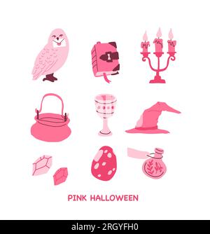 Rosa Halloween-Vektorset mit Kerzen, Briefeule, Zauberbuch, Kessel, Topf, Becher, Zaubermütze, Diamanten, Ei, Zaubertrankflasche. Pink Print im flachen Stil. Halloween-Partysymbole. Vektordarstellung Stock Vektor