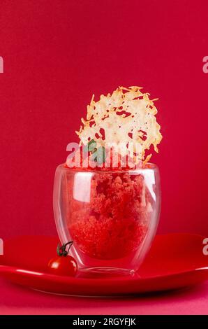 Frisches Tomatensorbet-Glas mit Käse auf roter Platte auf rotem Hintergrund. Speicherplatz kopieren Stockfoto