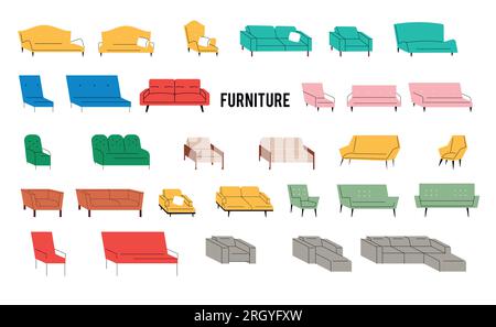 Heimmöbel. Stühle, Sofas, Sessel. Vektordarstellung in flacher Form, isoliert auf weißem Hintergrund. Gemütlicher Sessel, Couch, Polsterhocker, Sessel, Sofa Stock Vektor
