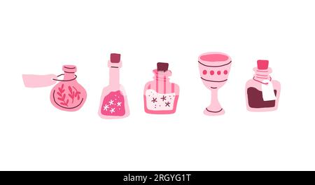 Vektorset mit pinkfarbenen Bechern, Hexentrank-Flaschen auf Weiß. Zauberflasche mit Elixier. Schule der Magie Accessoires Set. Vektordarstellung Stock Vektor