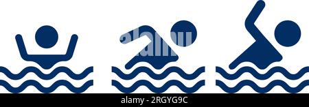 Symbole für Schwimmzeichen. Schwimmen auf Wasser mit Wellensymbol. Stock Vektor