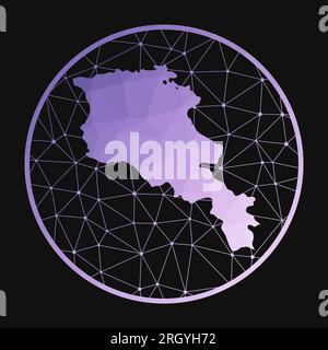 Symbol Armenien. Polygonale Vektorkarte des Landes. Armenische Ikone im geometrischen Stil. Die Landkarte mit violettem, niedrigem mehrfarbigen Verlauf auf dunklem Hintergrund. Stock Vektor