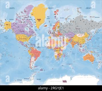 Detaillierte politische Weltkarte Spanisch Mercator-Projektion Stock Vektor