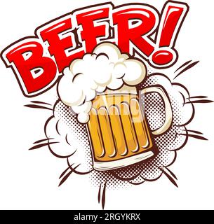 Sommervorlage mit einem Becher Bier und Sonne im Comic-Stil. Vektor auf transparentem Hintergrund Stock Vektor