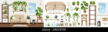 Zimmerausstattung mit einem Sofa, einem Regal, Bücherregalen, einem Fenster und vielen Zimmerpflanzen. Skandinavisches Innendesign. Möbelset. Innenausstattung Stock Vektor