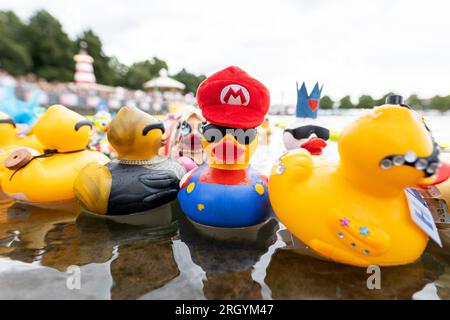 Hannover, Deutschland. 12. Aug. 2023. Die „Big Ducks“ schwimmen beim Entenrennen der Wohltätigkeitsorganisation, bevor das Rennen am Nordufer des Maschsees beginnt. Das Entenrennen 12. auf dem Maschsee findet am vorletzten Tag des Maschsee-Festivals vom norddeutschen Knochenmark- und Stammzellspenderregister (NKR) statt. Kredit: Michael Matthey/dpa/Alamy Live News Stockfoto