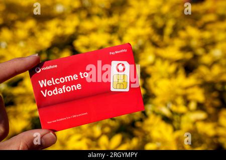 Vodafone SIM-Kartenumschlag. Nahaufnahme mit unscharfem Hintergrund und Kopierbereich. Stafford, Großbritannien, 12. August 2023 Stockfoto