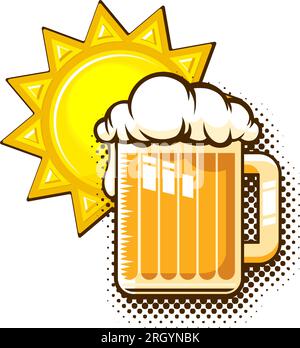 Sommervorlage mit einem Becher Bier und Sonne im Comic-Stil. Vektor auf transparentem Hintergrund Stock Vektor