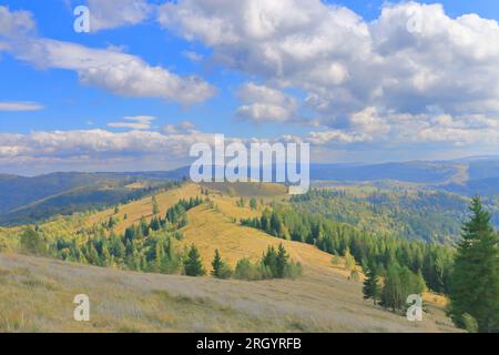 Das Foto wurde in der Ukraine gemacht, in den Karpaten. Das Bild zeigt eine Herbstlandschaft im Hochland. Stockfoto