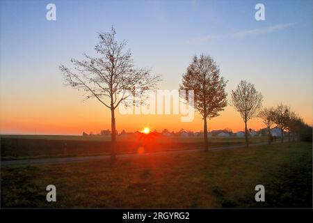 Foto in Deutschland. Das Bild zeigt einen herbstlichen Sonnenuntergang am Stadtrand von Straubing. Stockfoto