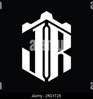JR Letter Logo Monogramm sechseckig mit geometrischer Designvorlage im Kronenschloss-Stil Stockfoto