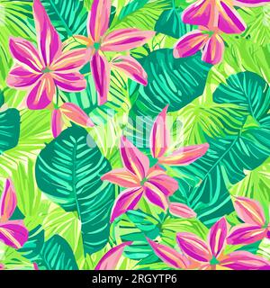 Eine tropische Dschungelszene mit einer Vielzahl lebendiger Blumen, Pflanzen und Bäume. Der Hintergrund ist hellgrün mit einer Mischung aus bunten Blumen und Stock Vektor