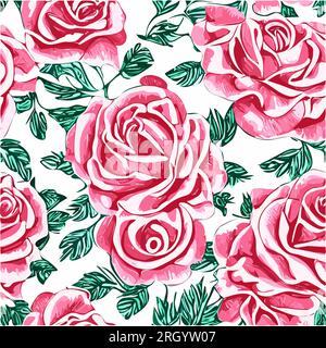 Nahtloses Blumenmuster mit Rosen, Aquarell. Vektordarstellung. Vintage-Blumenhintergrund. Fließendes, wiederkehrendes Muster mit rosa und roten Blumenmotiven Stock Vektor
