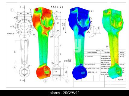 Finite-Elemente-Methode, FEM, Analyse Pleuelstangenkurbel auf Reibung und Kräfte in hin- und Herbewegung in Rotation umgewandelt Stockfoto