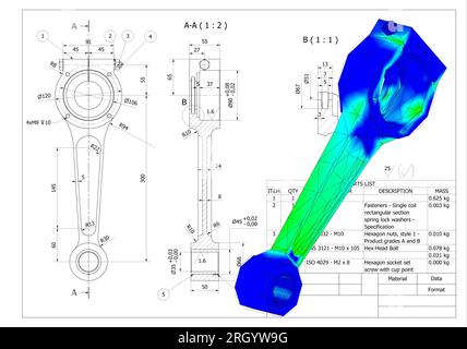 Finite-Elemente-Methode, FEM, Analyse Pleuelstangenkurbel auf Reibung und Kräfte in hin- und Herbewegung in Rotation umgewandelt Stockfoto