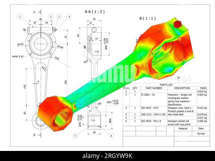 Finite-Elemente-Methode, FEM, Analyse Pleuelstangenkurbel auf Reibung und Kräfte in hin- und Herbewegung in Rotation umgewandelt Stockfoto