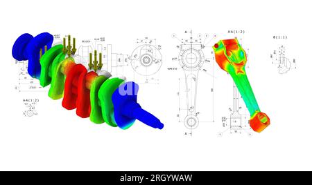 Finite-Elemente-Methode, FEM und technische Zeichnung der Kurbelwelle, Prüfung von Ermüdung und Spannung im Material Stockfoto