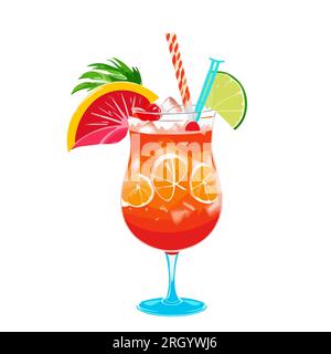 Erfrischender tropischer fruchtiger rot-orangefarbener Cocktail mit Orangen-, Grapefruit- und Limettenscheiben, mit Minzblatt und einem Strohhalm in einem Glasbecher. Vektor isola Stock Vektor
