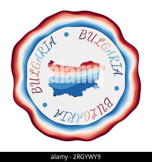 Bulgarisches Abzeichen. Landkarte mit wunderschönen geometrischen Wellen und leuchtend rotem blauem Rahmen. Leuchtendes, rundes bulgarisches Logo. Vektordarstellung. Stock Vektor