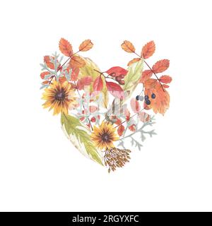 Helle Zusammensetzung von Pflanzenelementen. Herbstblüten Beeren und Aquarelle im Vintage-Stil. Für Poster, Einladungen und leuchtende Postkarten. Stockfoto
