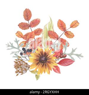 Helle Zusammensetzung von Pflanzenelementen. Herbstblüten Beeren und Aquarelle im Vintage-Stil. Für Poster, Einladungen und leuchtende Postkarten. Stockfoto