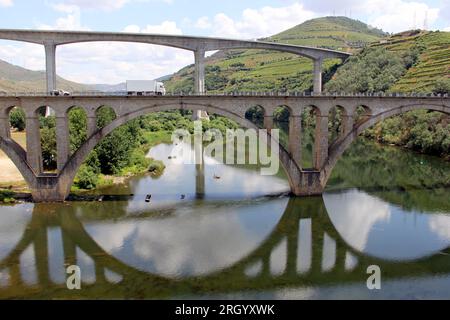Brücken über den Douro Fluss östlich von Porto in der portugiesischen Weinregion, terrassenförmig angelegte Weinberge auf Hängen im Hintergrund, Peso da Regua, Portugal Stockfoto