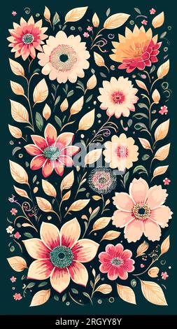 Eine Blume auf einem dunkelgrünen und eine rosafarbene Blume in der Mitte des Bildes, sehr detailreiche digitale Malerei Stock Vektor