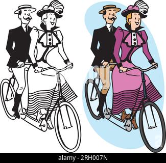 Ein Vintage-Retro-Cartoon eines Paares auf einem antiken Tandemfahrrad. Stock Vektor