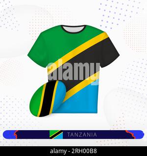 Tansania Rugby-Trikot mit Rugby-Ball von Tansania auf abstraktem Sporthintergrund. Jersey-Design. Stock Vektor