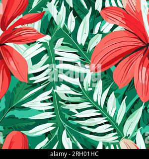Eine tropische Dschungelszene mit einer Vielzahl lebendiger Blumen, Pflanzen und Bäume. Der Hintergrund ist dunkelgrün mit einer Mischung aus Rot- und Korallenblüten Stock Vektor