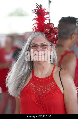 New Orleans, USA. 12. Aug. 2023. Veranstaltungsteilnehmer nehmen am Samstag, den 12. August 2023, am Red Dress Run im Mandeville Shed in New Orleans, Louisiana, Teil. (Foto: Peter G. Forest/Sipa USA) Kredit: SIPA USA/Alamy Live News Stockfoto