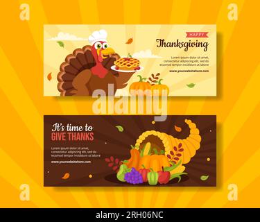 Happy Thanksgiving Horizontal Banner Flat Cartoon Handgezeichnete Vorlagen Hintergrunddarstellung Stock Vektor