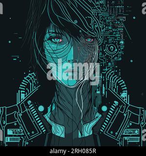 Cyberpunk Girl mit Aqua-Computer-Schaltplänen und Schaltkreisen hinter ihr. Vektorbild Anime, Manga, Sci-Fi, Fantasy, Horror, Neuer Grafischer Stil. Stock Vektor