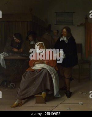 Ein Innenraum mit einem Mann, der einer Frau zwischen 1660 und 1665 von Jan Steen eine Auster anbietet Stockfoto