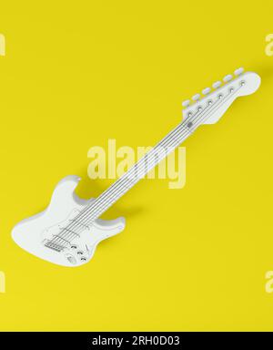 Farbenfrohe Gitarre auf abstraktem weißem Hintergrund von oben gesehen. Abstraktes musikalisches Bild, ideal für Gitarrenabhängige, professionelle Gitarristen, gitarrenmusik Stockfoto