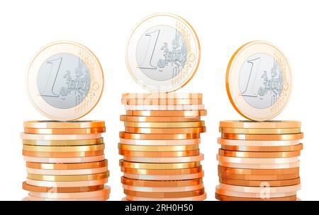 Euro-Münzen mit Goldmünzstapeln, 3D-Darstellung isoliert auf weißem Hintergrund Stockfoto