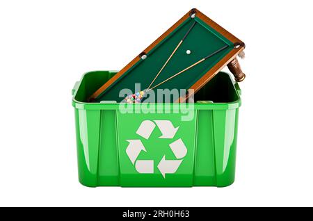 Recycling-Mülleimer mit Billardtisch, 3D-Rendering auf weißem Hintergrund isoliert Stockfoto