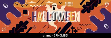 Halloween-Party-Banner für die Oktoberveranstaltung, orangefarbener lilafarbener Hintergrund und gruseliger lächelnder Kürbis, weißer Geist, fliegende schwarze Fledermäuse, Vogelscheuche, gruselige Hexe. Stock Vektor