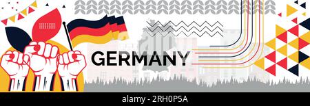 DEUTSCHE Karte und erhobene Fäuste. Design für den Nationalfeiertag oder den Unabhängigkeitstag für DEUTSCHLAND. Modernes Retro-Design mit abstrakten Ikonen. Vektor Stock Vektor
