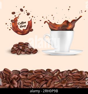 Kaffeebohnen. Heißes Getränk. Porzellanbecher. Espresso-Spritzer. Koffein Getränketasse. Realistische Arabica-Samen. Flüssigspray. Geröstetes Getreide im Café. Cappucc Stock Vektor