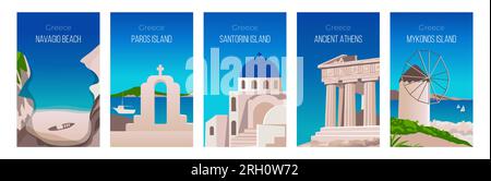 Griechische Tourismusplakate. Das Antike Athen. Abstrakte Grafiklandschaft. Antike Parthenon-Säulen. Oldtimer-Gebäude. Sommerlandschaft. Yachtboot. Meeresbucht. Stock Vektor