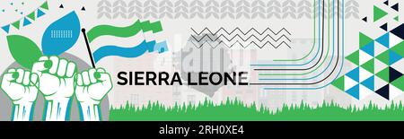 SIERRA LEONE Karte und erhobene Fäuste. Nationalfeiertag oder Unabhängigkeitstag für Feiern in SIERRA LEONE. Modernes Retro-Design mit abstrakten Ikonen. Vect Stock Vektor