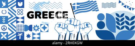GRIECHENLAND Karte und erhobene Fäuste. Design für den Nationaltag oder den UNABHÄNGIGKEITSTAG für die Feierlichkeiten in GRIECHENLAND. Modernes Retro-Design mit abstrakten Ikonen. Vektor i Stock Vektor