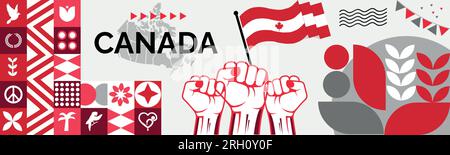 KANADAS Karte und erhobene Fäuste. Design für den Nationalfeiertag oder den UNABHÄNGIGKEITSTAG für die Feierlichkeiten IN KANADA. Modernes Retro-Design mit abstrakten Ikonen. Vektor Stock Vektor